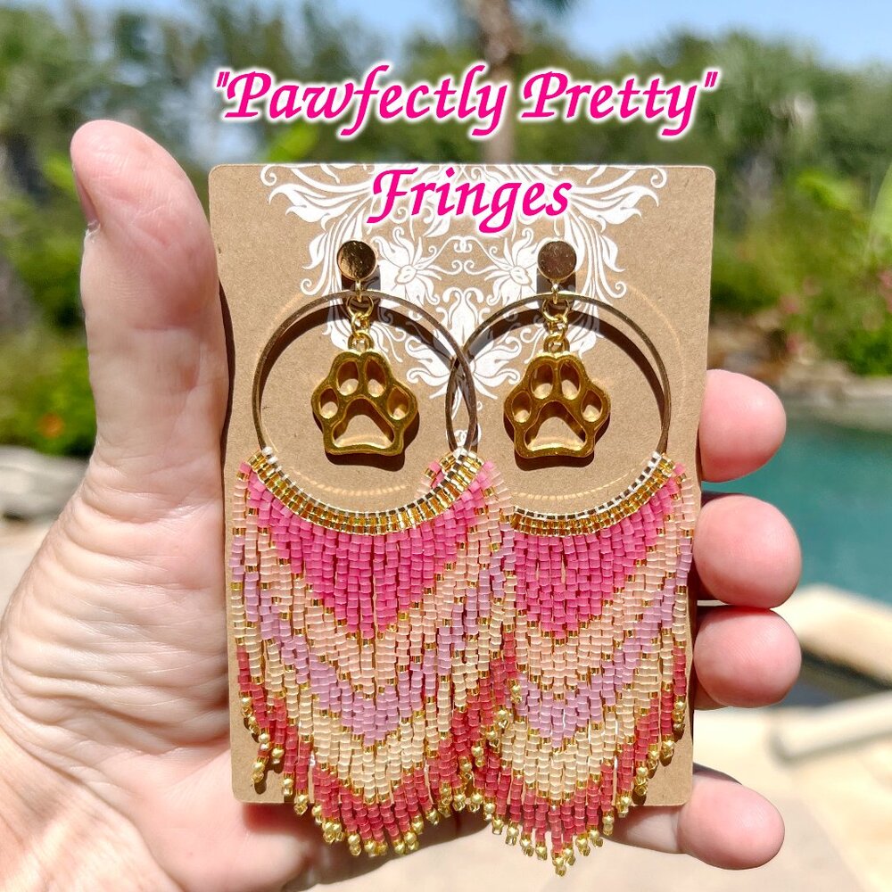 Handmade Beaded Long Fringe Paw Love Dangle Drop Lightweight Post Hoop Earrings